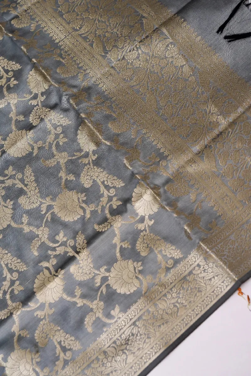 BANARASI TAFFETA SILK BLACK WITH GREY BORDER COLOR UNSTICHED SUIT
