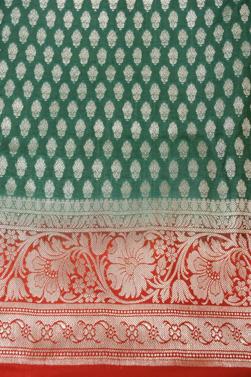BANARASI SILK BOTTLE GREEN COLOR UNSTITCHED SUIT