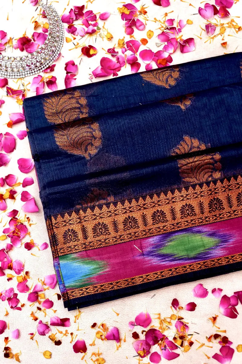 BANARASI NAVY BLUE COLOR SIKO COTTON SAREE