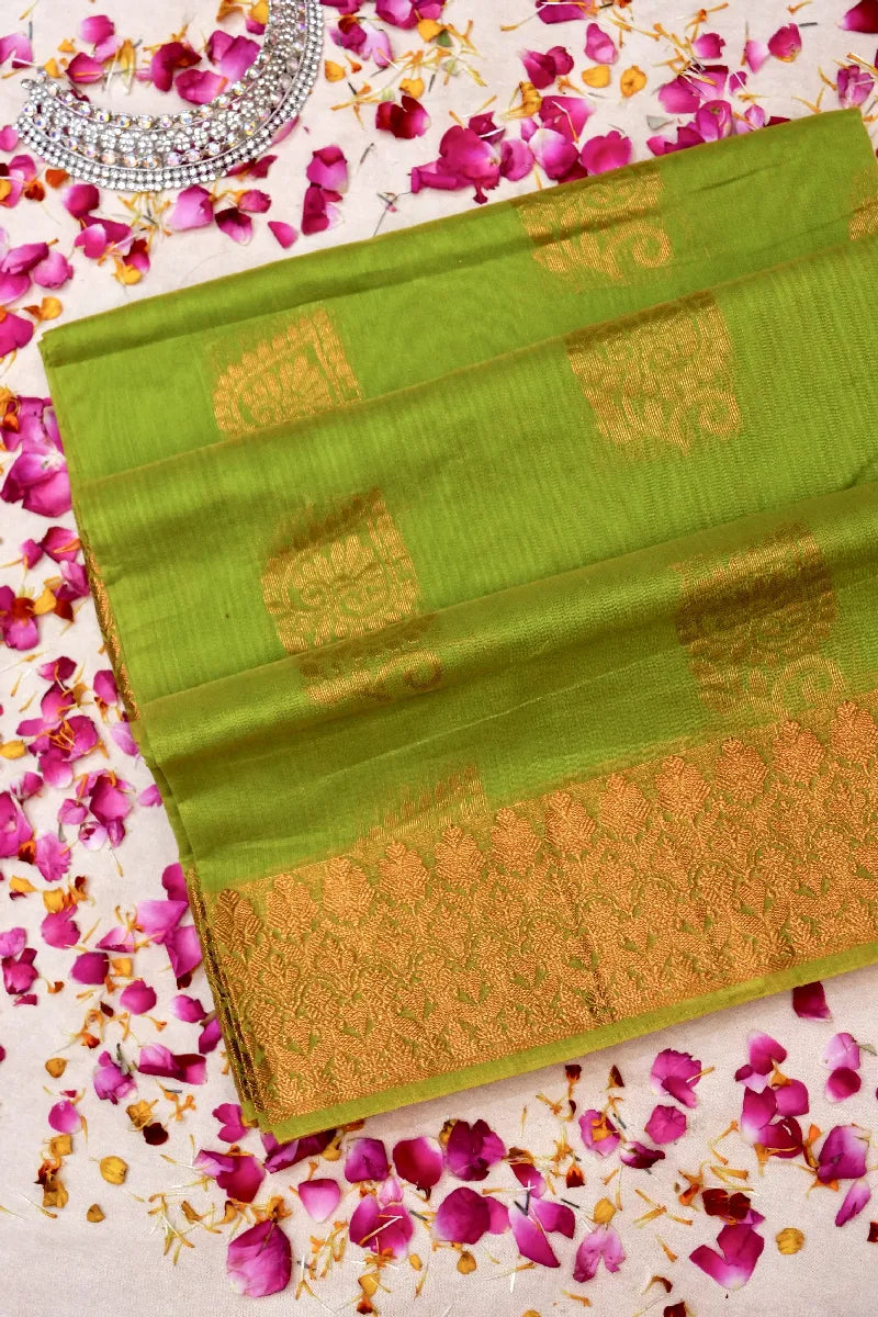 BANARASI PISTA GREEN COLOR SIKO COTTON SAREE