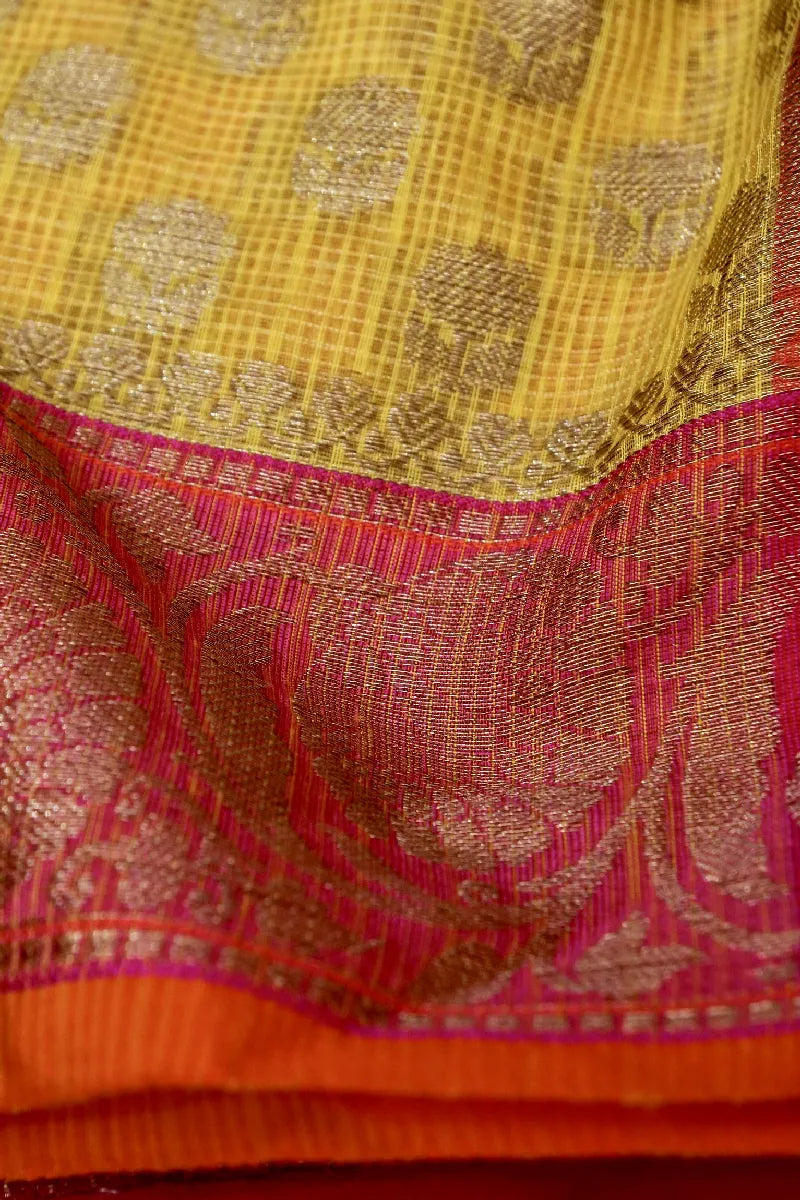 BANARASI LEMON YELLOW COLOR SUPERNET COTTON SAREE