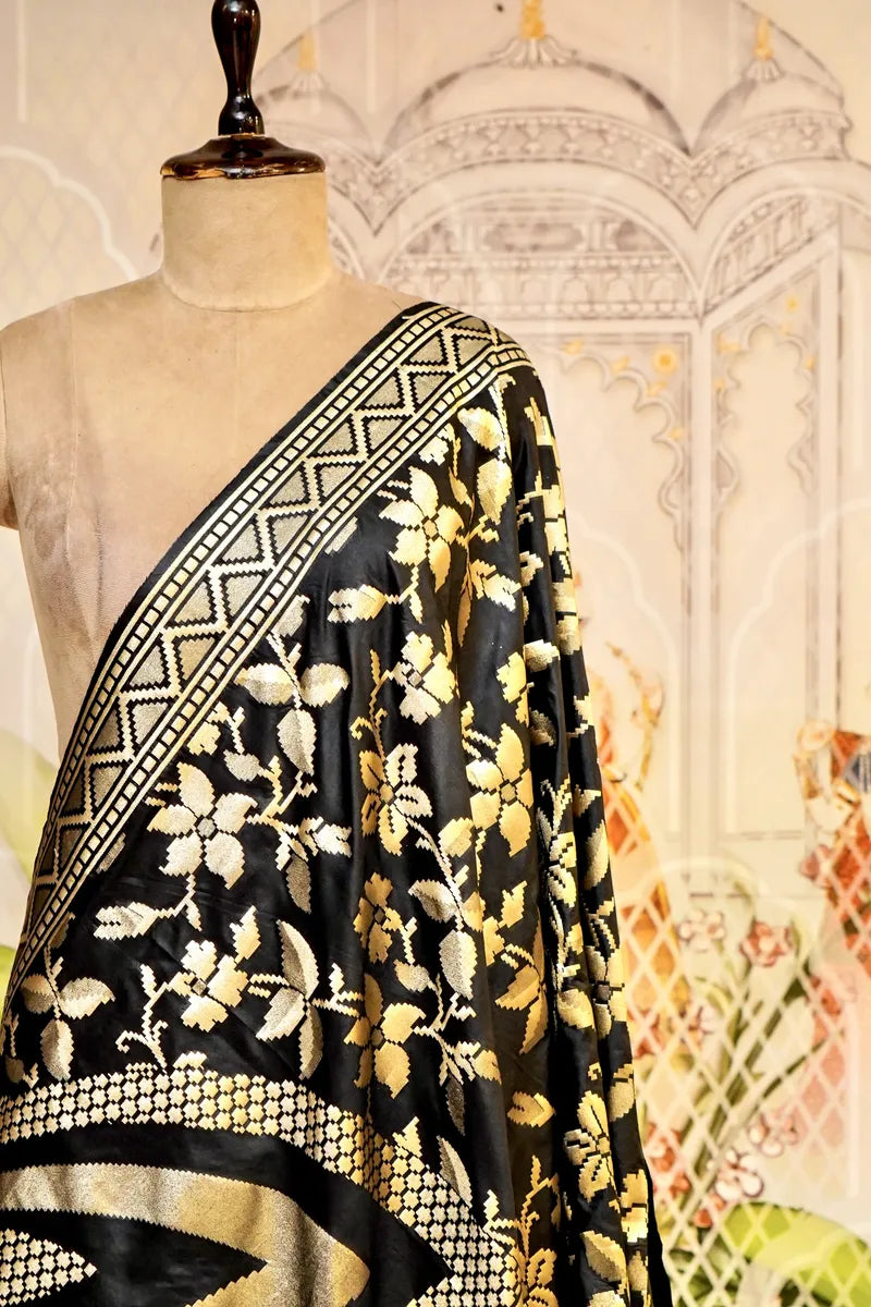 PURE HANDLOOM BLACK COLOR BANARASI KATAN SILK DUPATTA