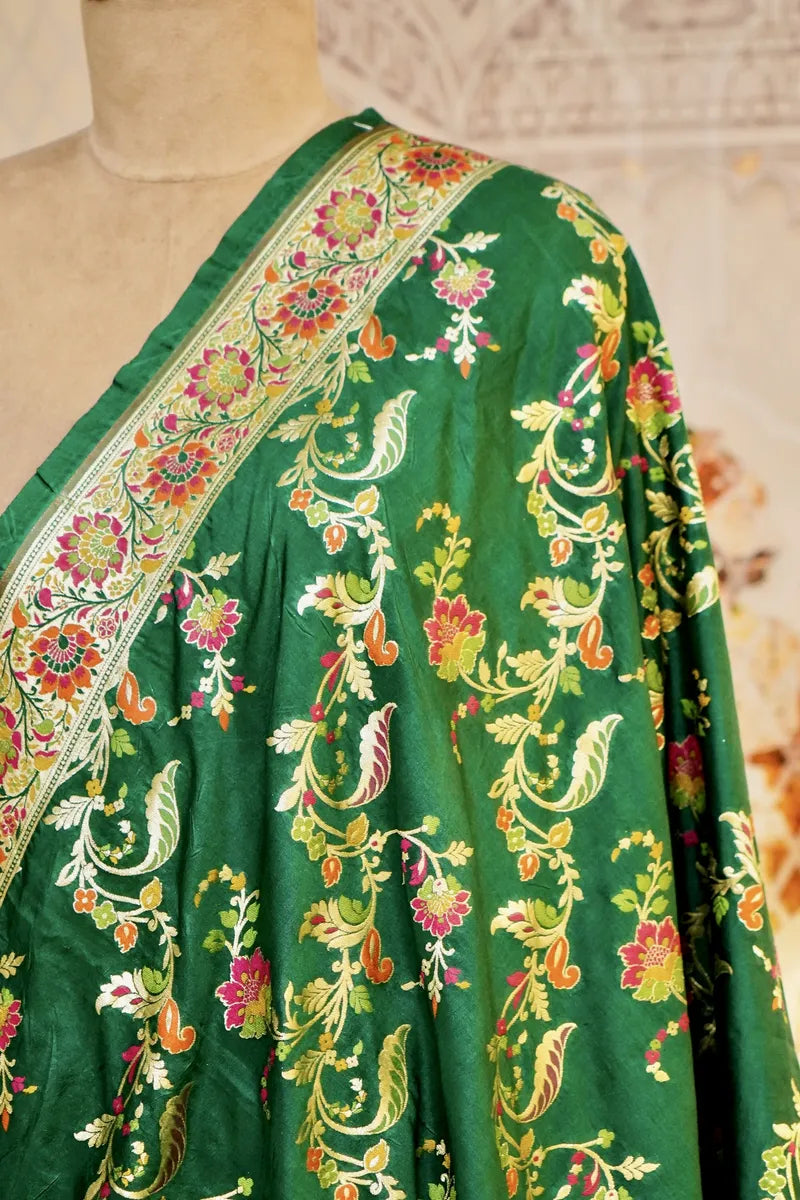 PURE HANDLOOM GREEN COLOR BANARASI KATAN SILK DUPATTA