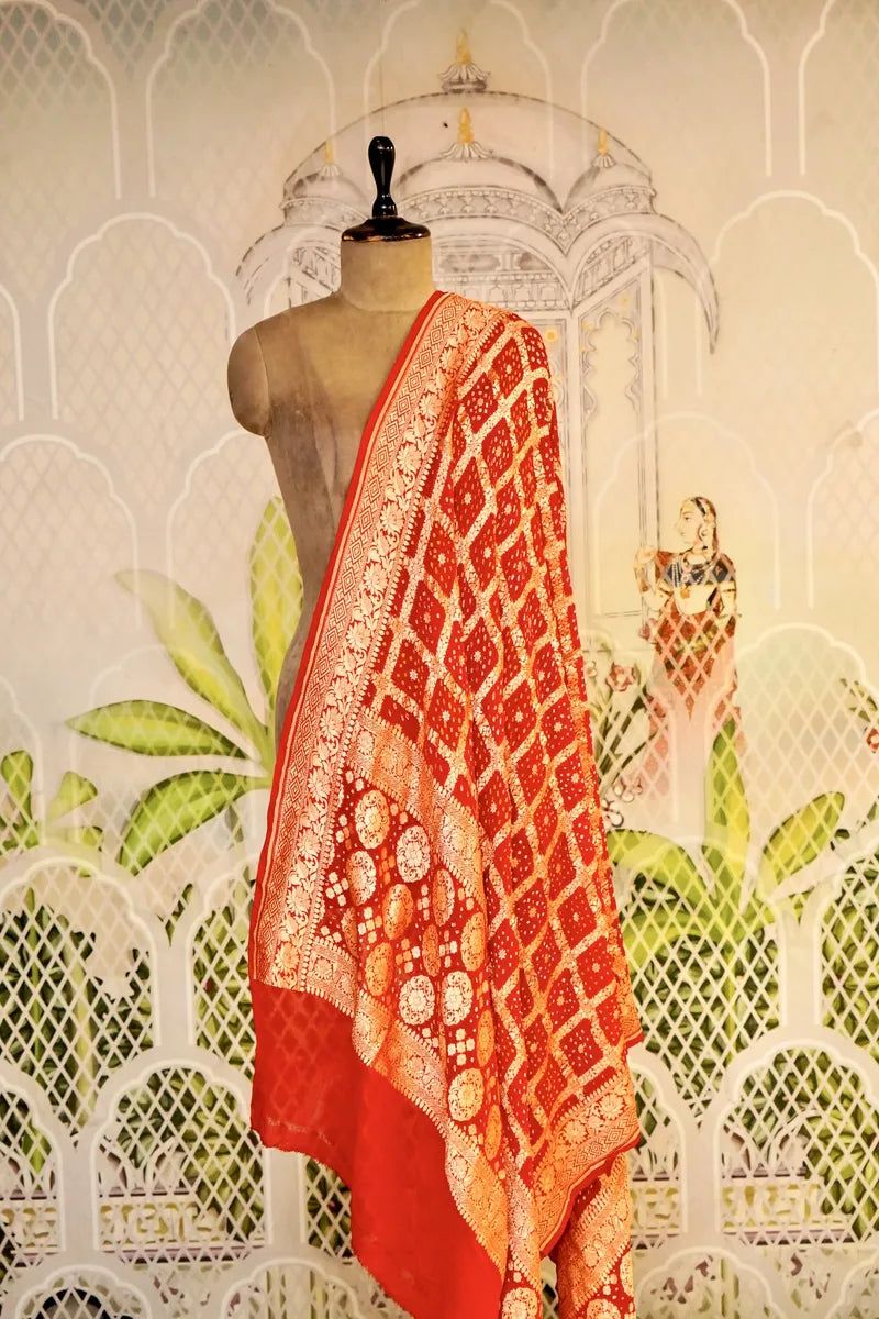 PURE HANDLOOM RED COLOR KHADDI BANDHANI DUPATTA