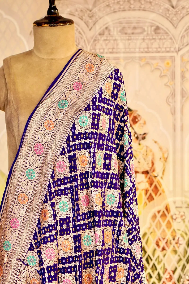 PURE HANDLOOM NAVY BLUE COLOR KHADDI BANDHANI DUPATTA