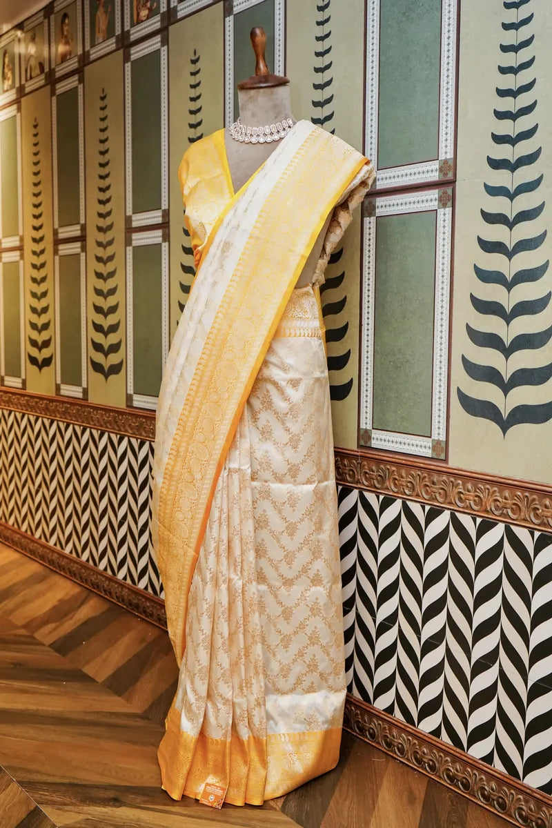 PURE BANARASI CREAM SINGLE KATAN SILK SAREE