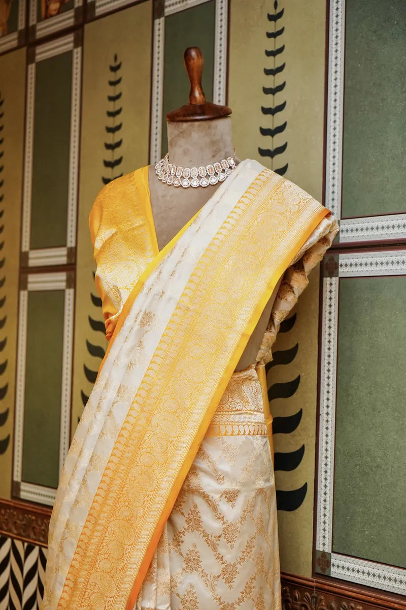 PURE BANARASI CREAM SINGLE KATAN SILK SAREE