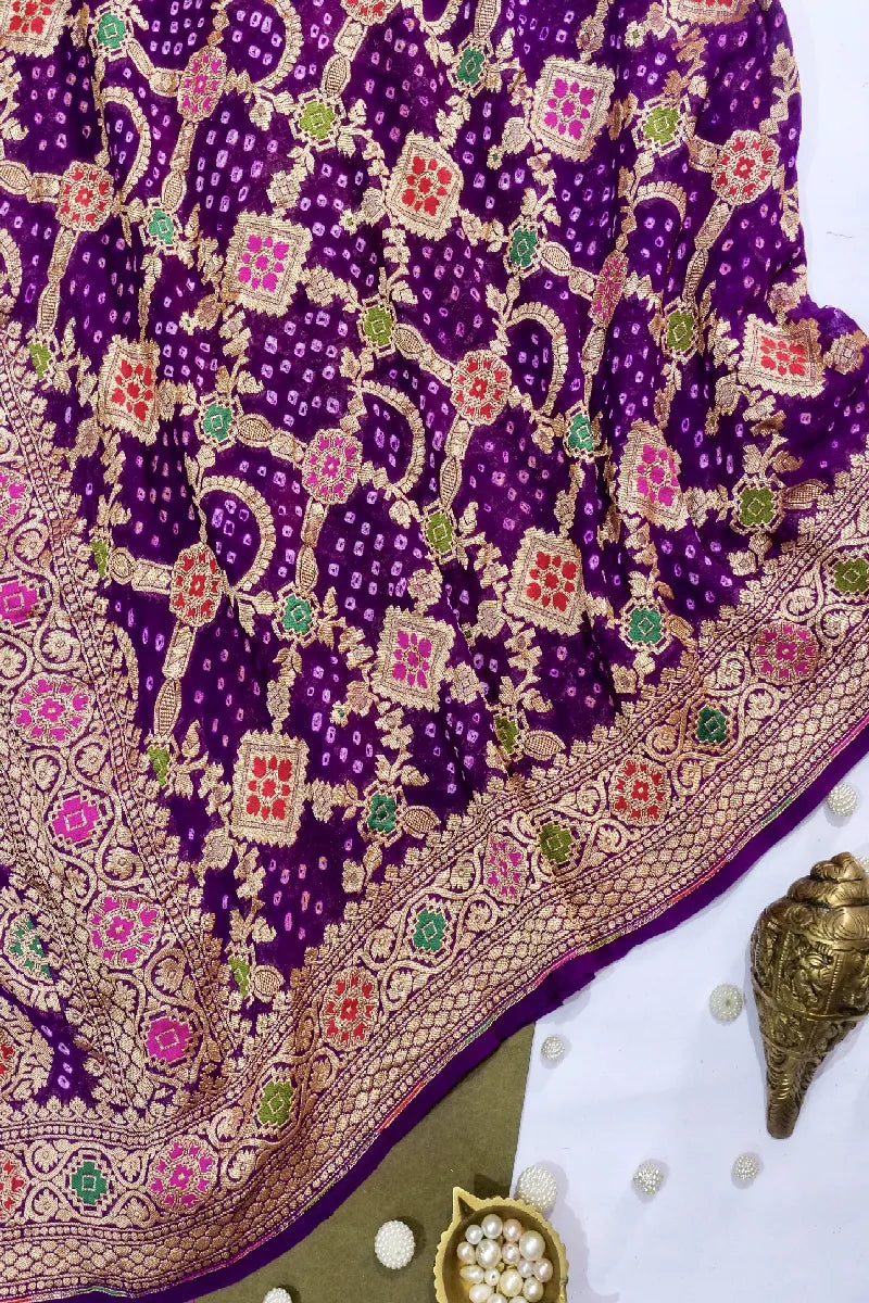 VIOLET COLOR PURE HANDLOOM KHADDI GEORGETTE BANDHANI SAREE