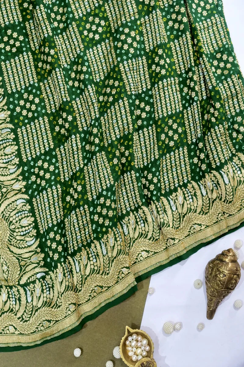 GREEN COLOR PURE HANDLOOM KHADDI GEORGETTE BANDHANI SAREE