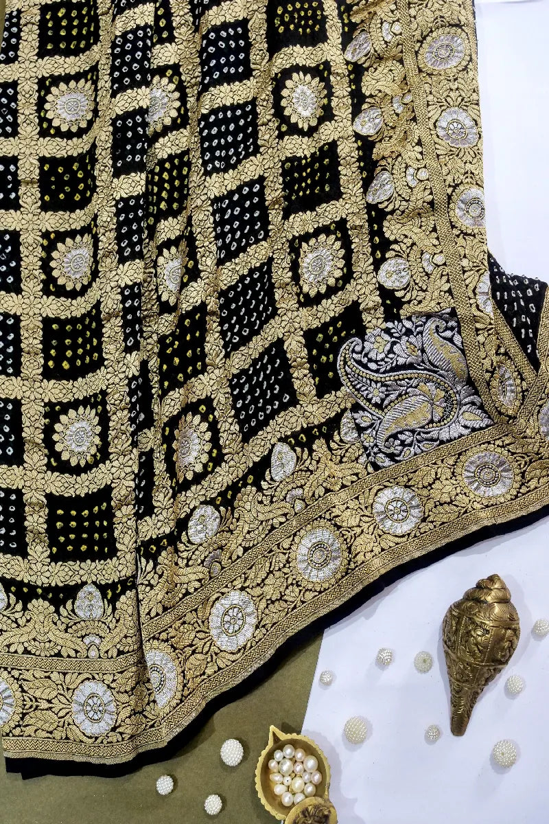 BLACK COLOR PURE HANDLOOM KHADDI GEORGETTE BANDHANI SAREE