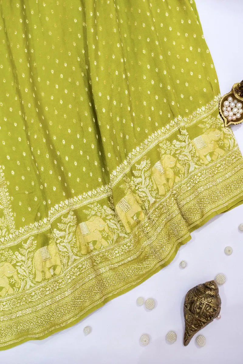 LIME GREEN COLOR PURE HANDLOOM KHADDI GEORGETTE SAREE