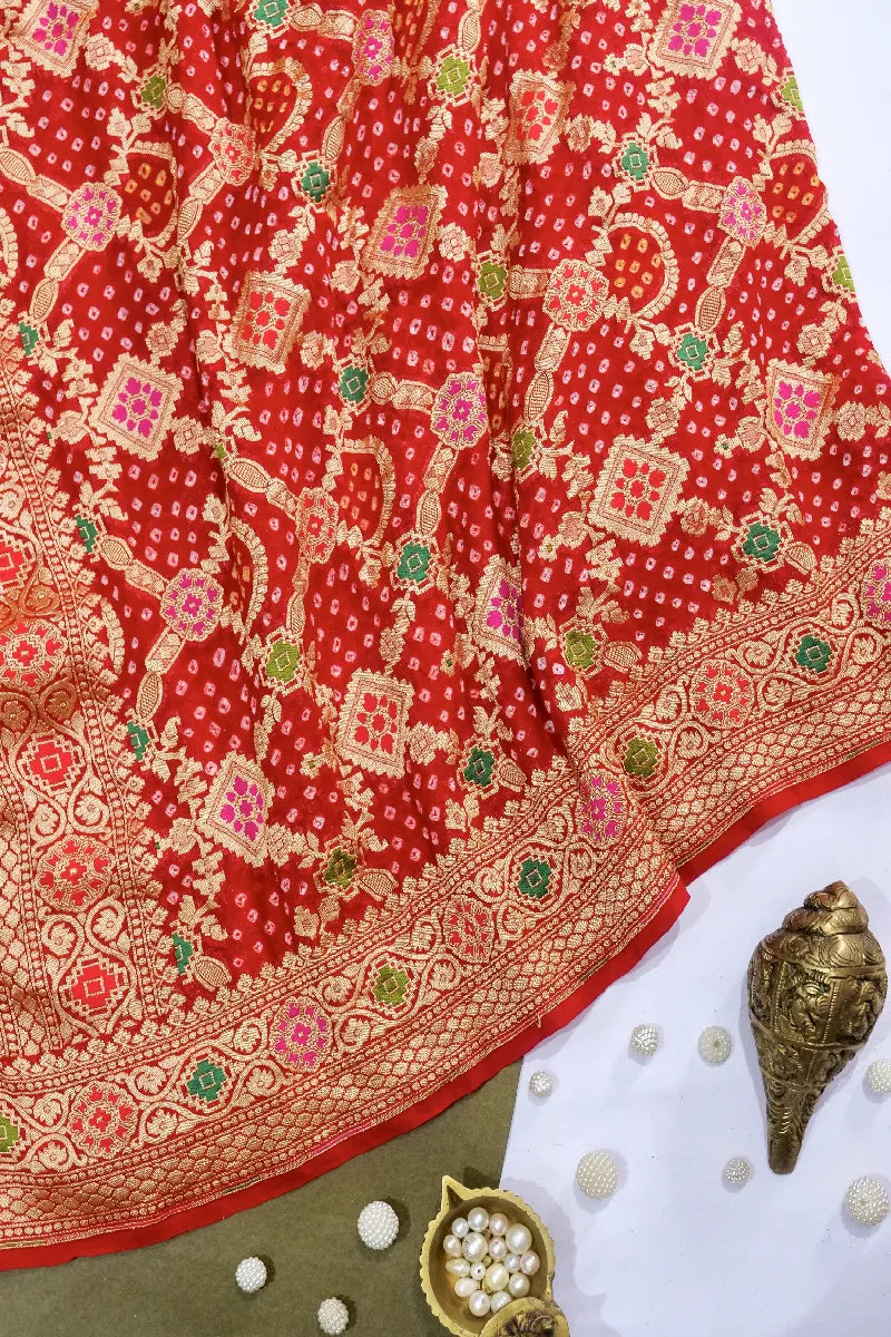 RED COLOR PURE HANDLOOM KHADDI GEORGETTE BANDHANI SAREE