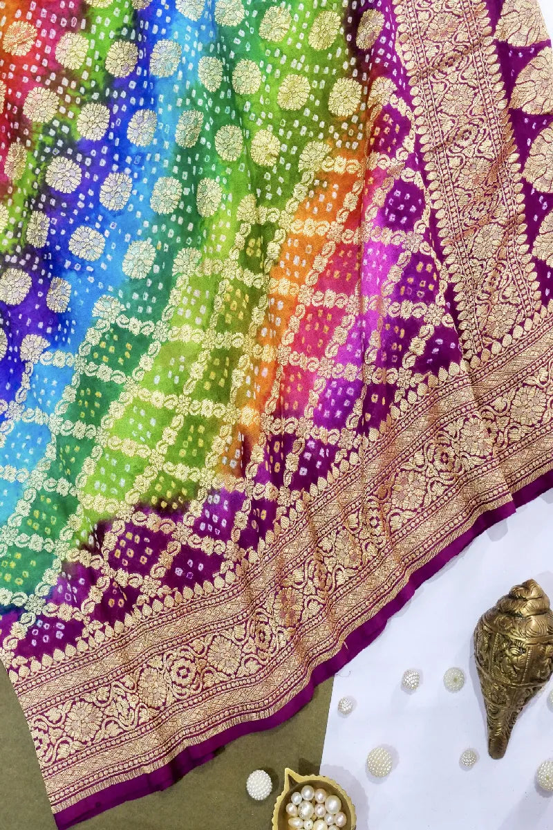 MULTI COLOR PURE HANDLOOM KHADDI GEORGETTE BANDHANI SAREE