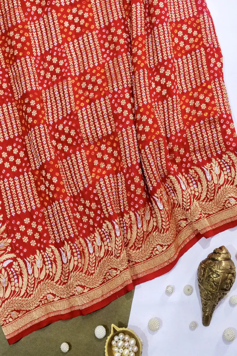 RED COLOR PURE HANDLOOM KHADDI GEORGETTE BANDHANI