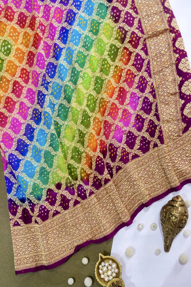 MULTI COLOR PURE HANDLOOM KHADDI GEORGETTE BANDHANI SAREE