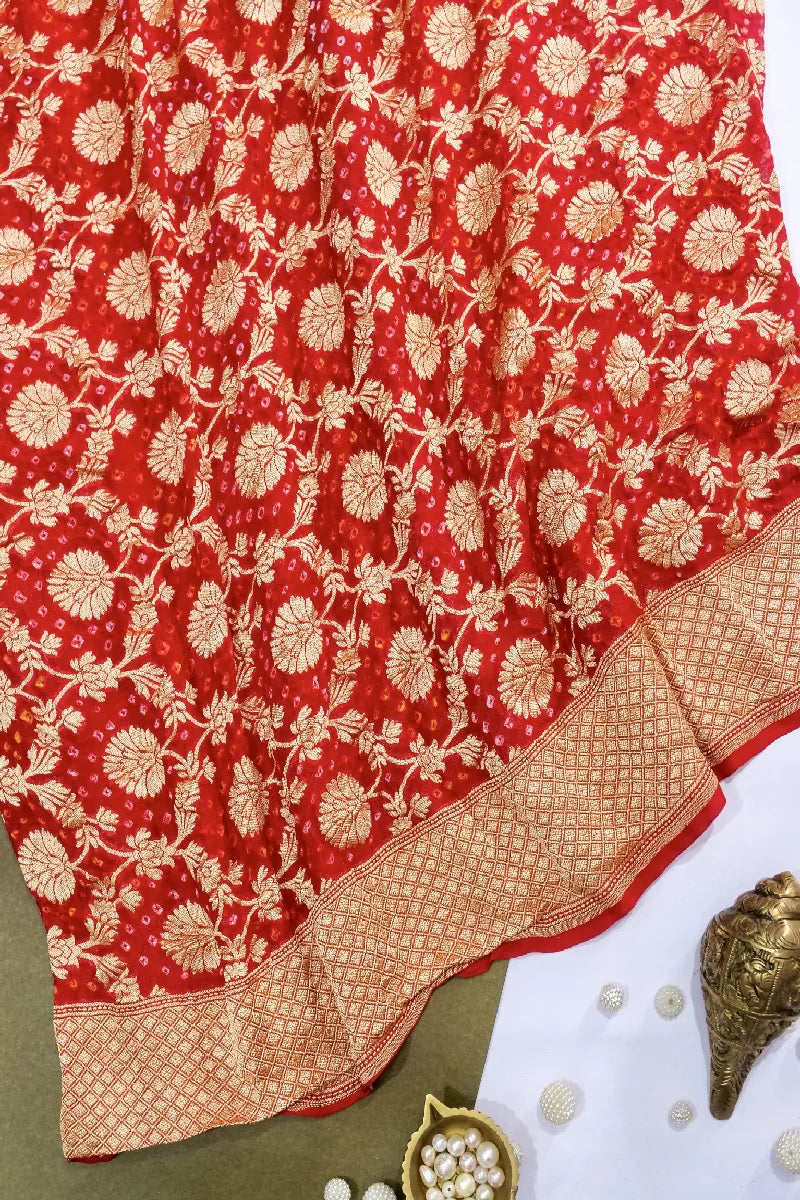 RED COLOR PURE HANDLOOM KHADDI GEORGETTE BANDHANI SAREE
