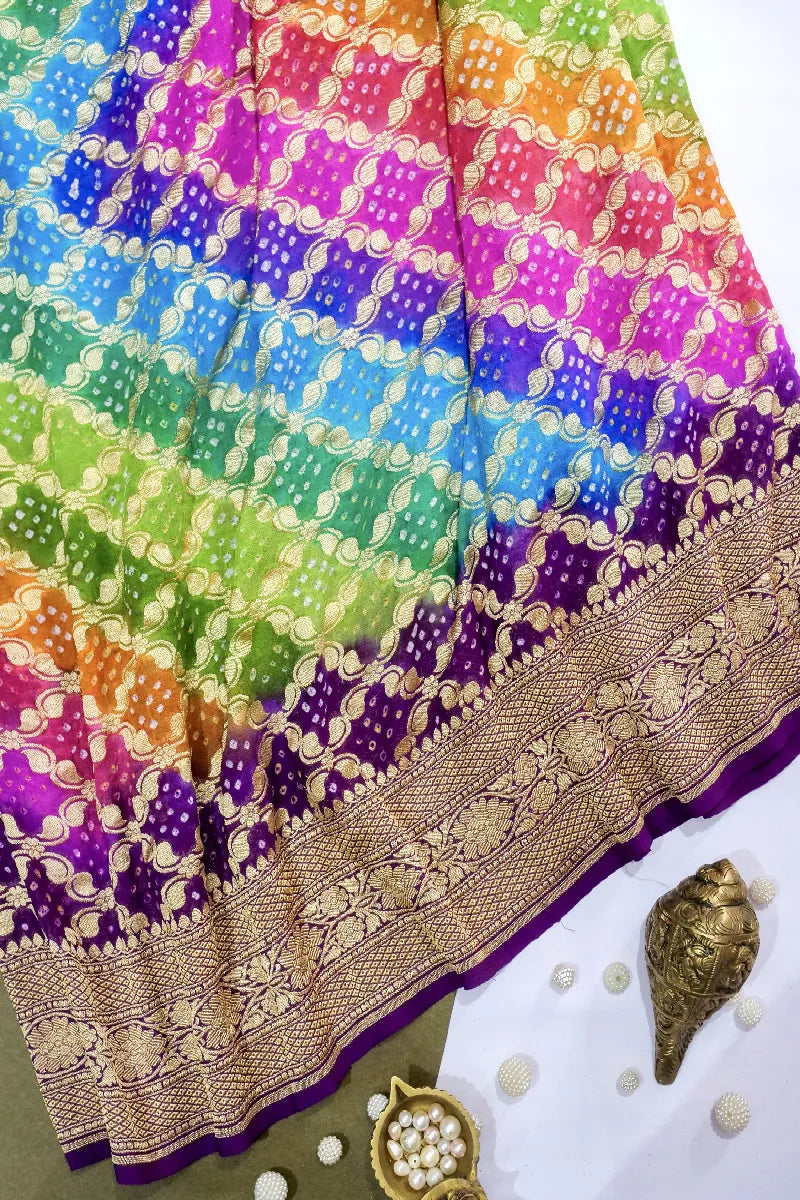 MULTI COLOR PURE HANDLOOM KHADDI GEORGETTE BANDHANI SAREE