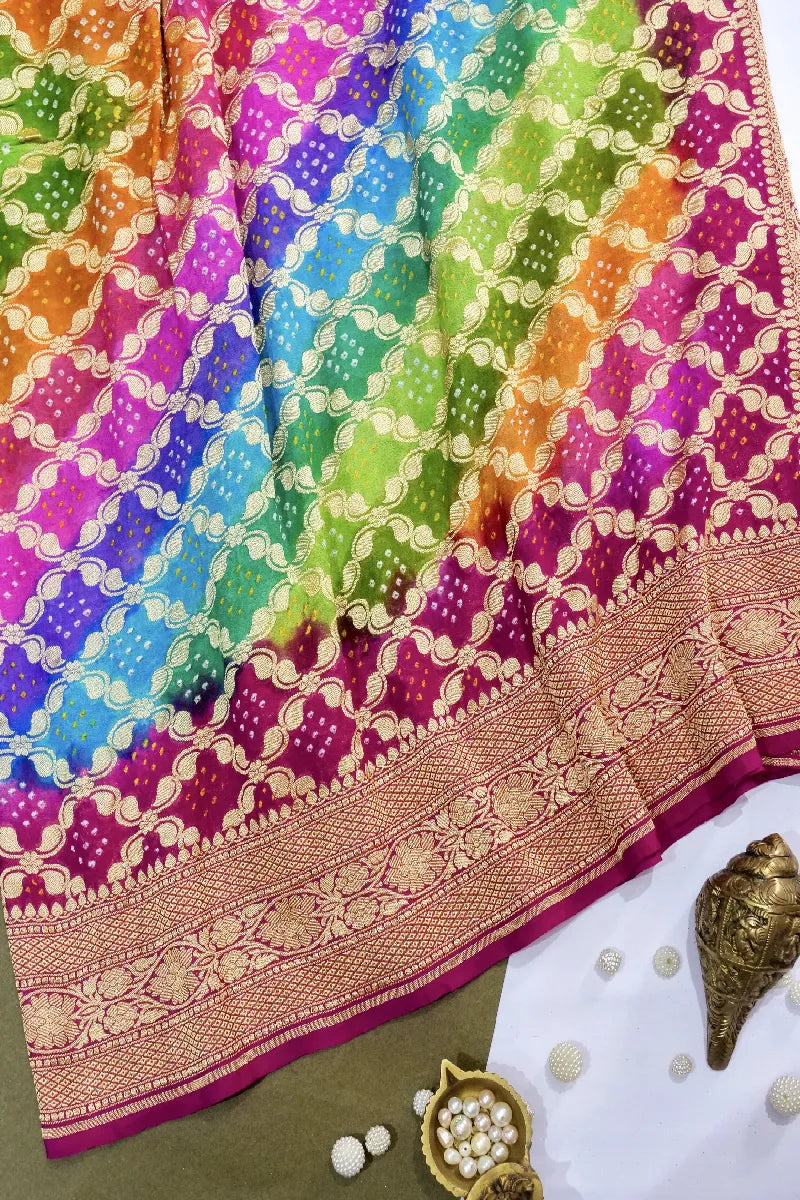 MULTI COLOR PURE HANDLOOM KHADDI GEORGETTE BANDHANI SAREE