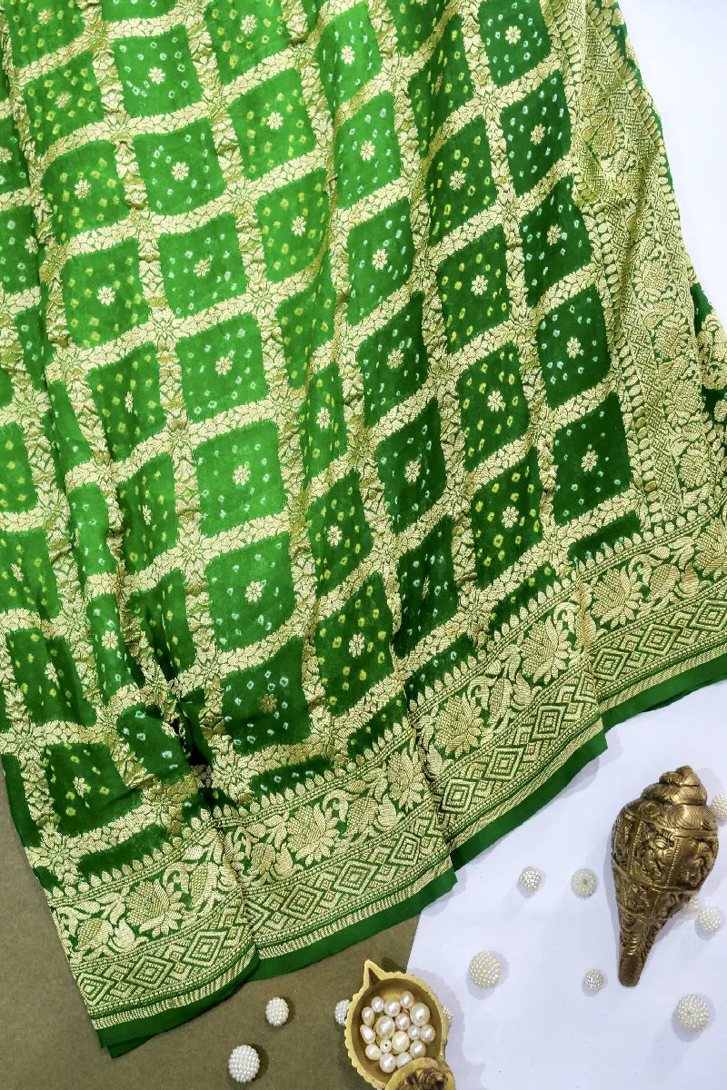 GREEN COLOR PURE HANDLOOM KHADDI GEORGETTE BANDHEJ GHARCHOLA SAREE