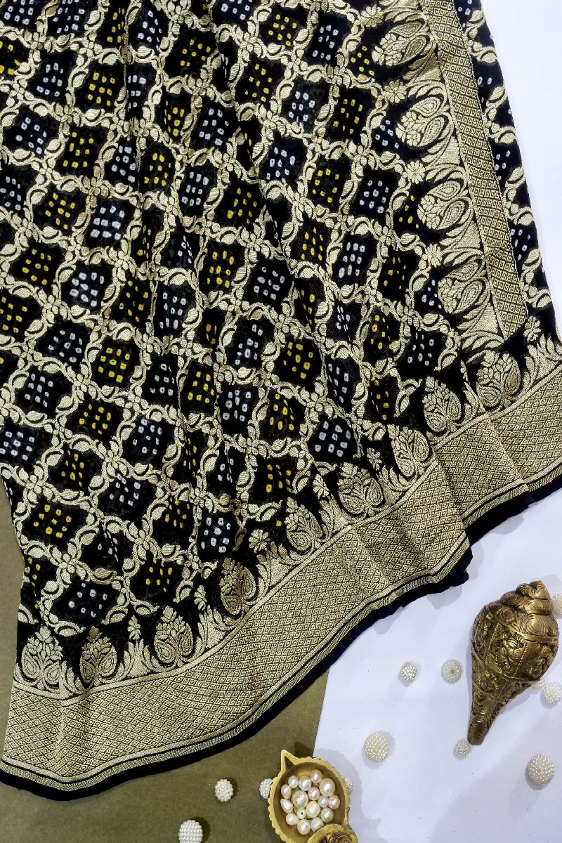 BLACK COLOR PURE HANDLOOM KHADDI GEORGETTE BANDHANI SAREE