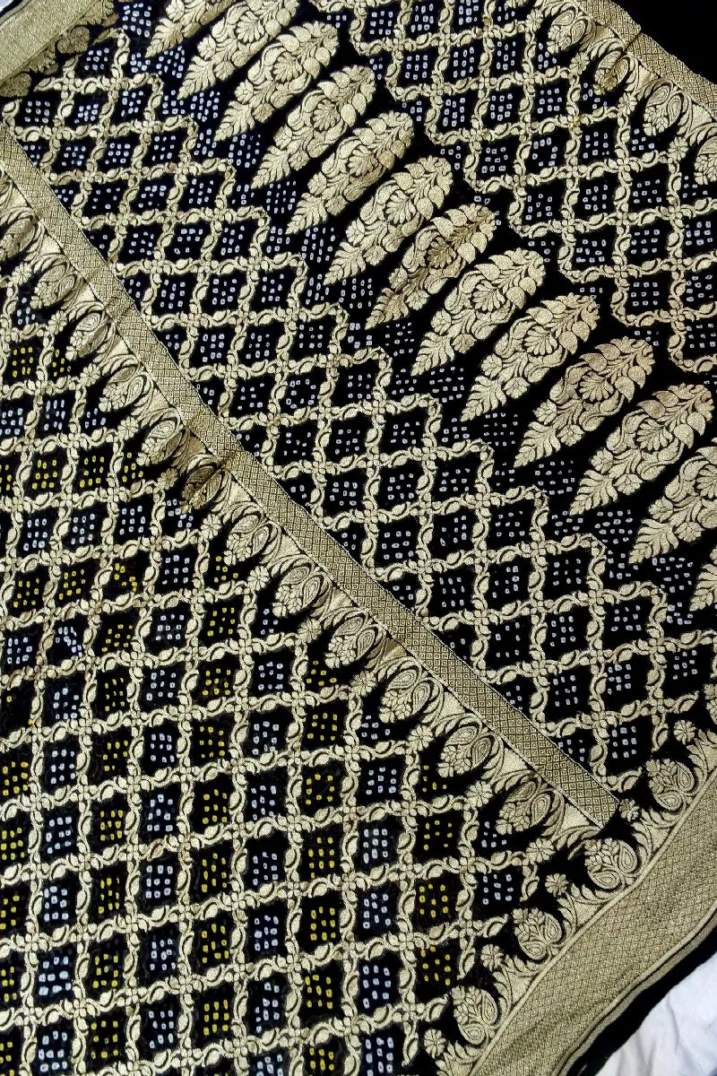 BLACK COLOR PURE HANDLOOM KHADDI GEORGETTE BANDHANI SAREE