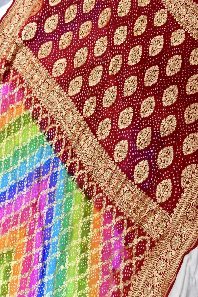 MULTI COLOR PURE HANDLOOM KHADDI GEORGETTE BANDHANI SAREE