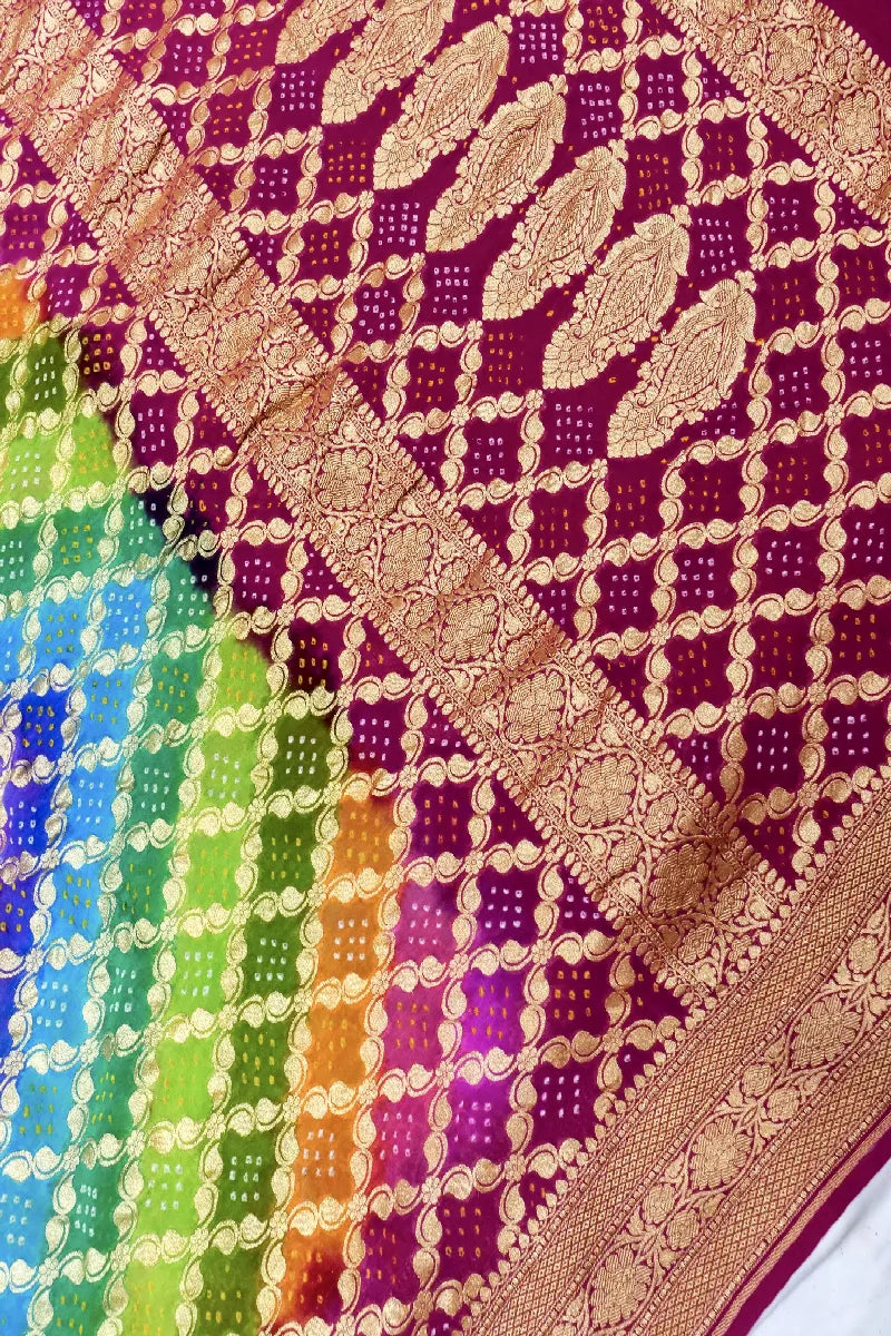 MULTI COLOR PURE HANDLOOM KHADDI GEORGETTE BANDHANI SAREE