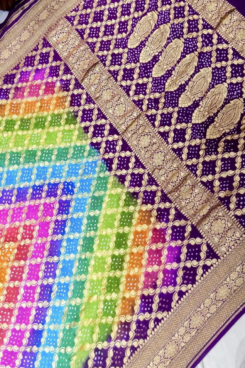 MULTI COLOR PURE HANDLOOM KHADDI GEORGETTE BANDHANI SAREE
