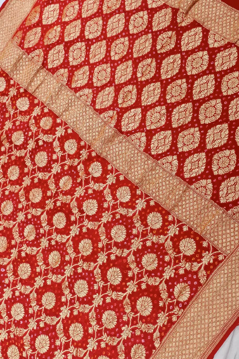 RED COLOR PURE HANDLOOM KHADDI GEORGETTE BANDHANI SAREE