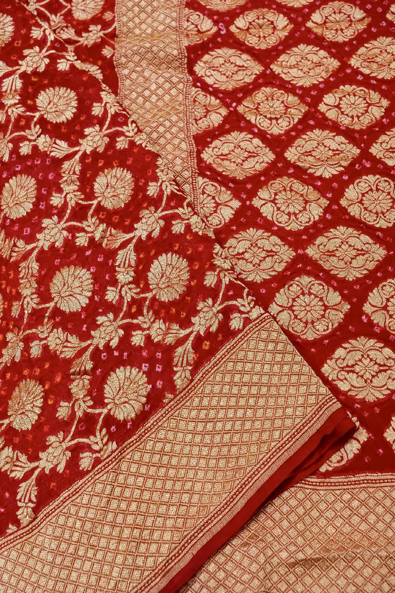 RED COLOR PURE HANDLOOM KHADDI GEORGETTE BANDHANI SAREE