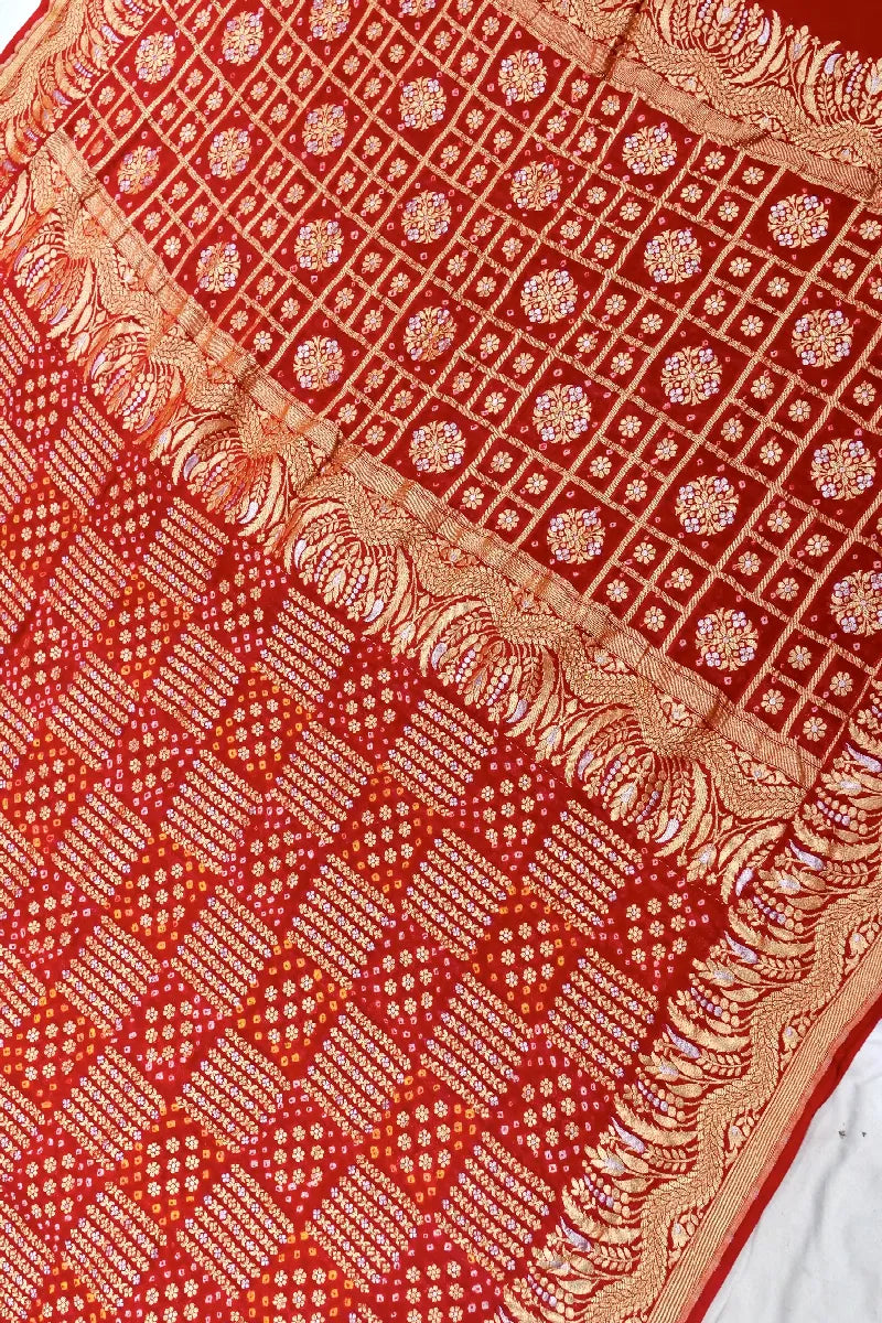 RED COLOR PURE HANDLOOM KHADDI GEORGETTE BANDHANI