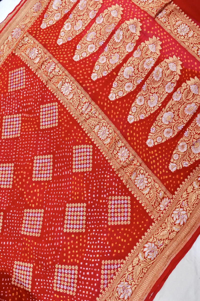 RED COLOR PURE HANDLOOM KHADDI GEORGETTE BANDHANI SAREE