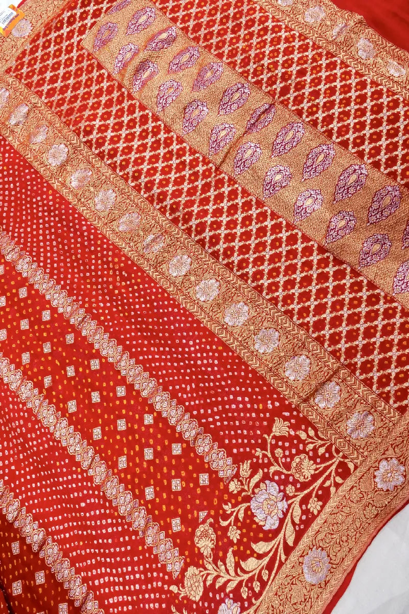 RED COLOR PURE HANDLOOM KHADDI GEORGETTE BANDHANI SAREE