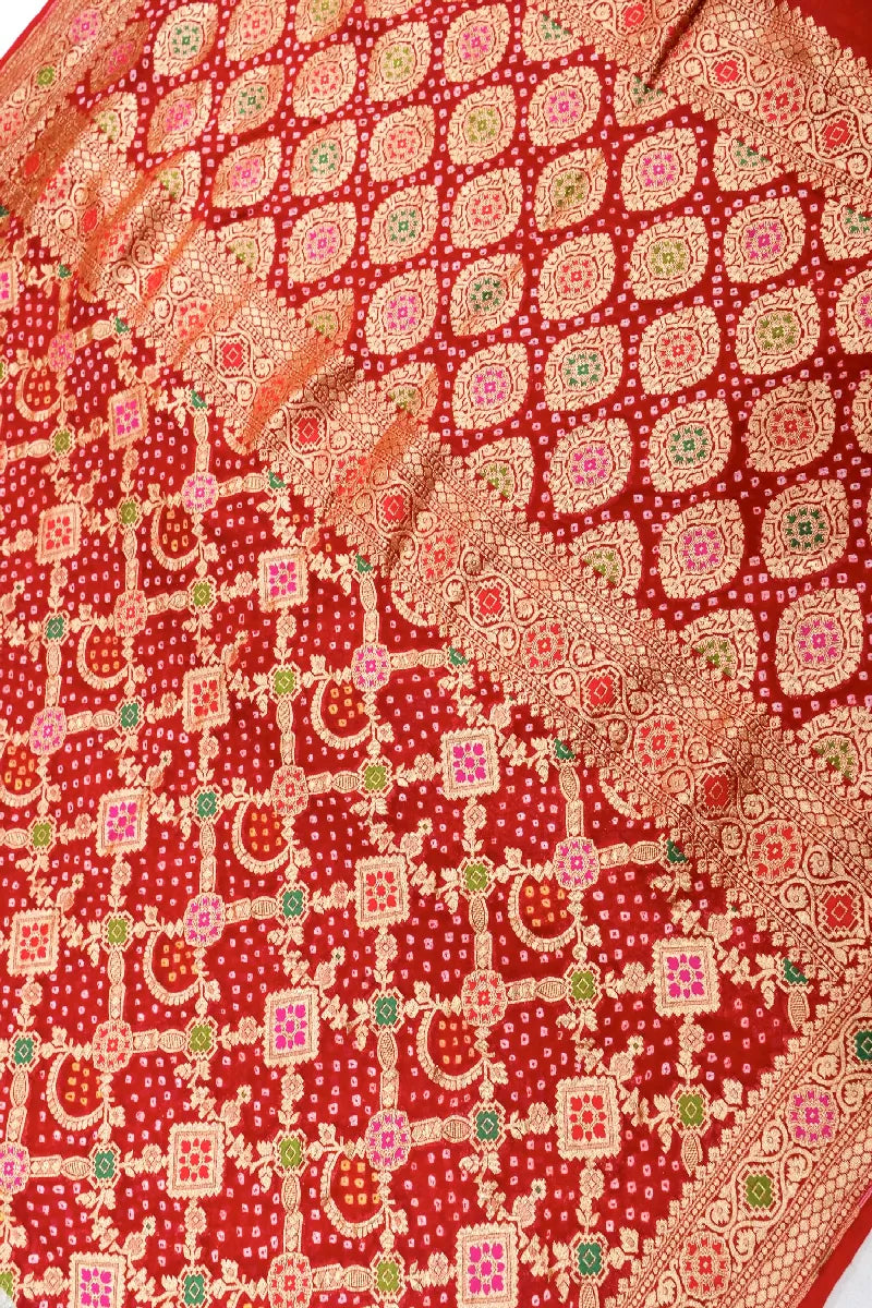 RED COLOR PURE HANDLOOM KHADDI GEORGETTE BANDHANI SAREE