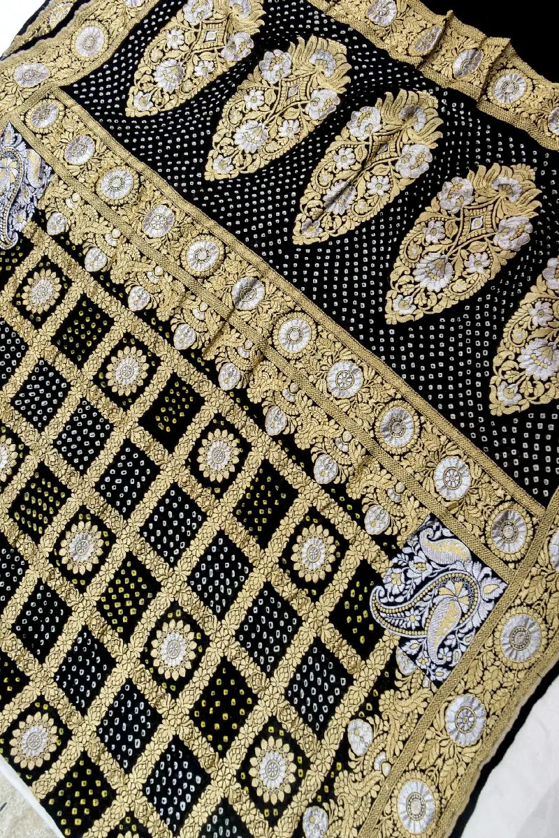 BLACK COLOR PURE HANDLOOM KHADDI GEORGETTE BANDHANI SAREE