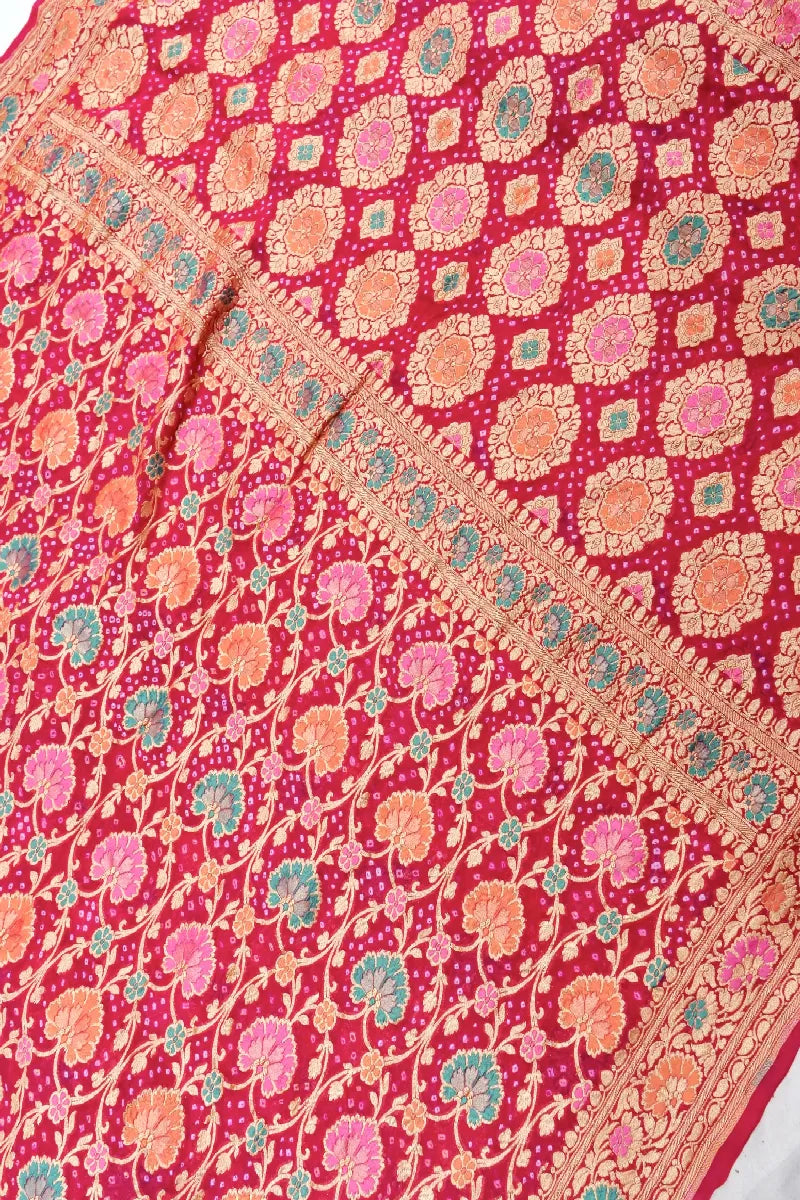 RANI PINK COLOR PURE HANDLOOM KHADDI GEORGETTE BANDHANI SAREE