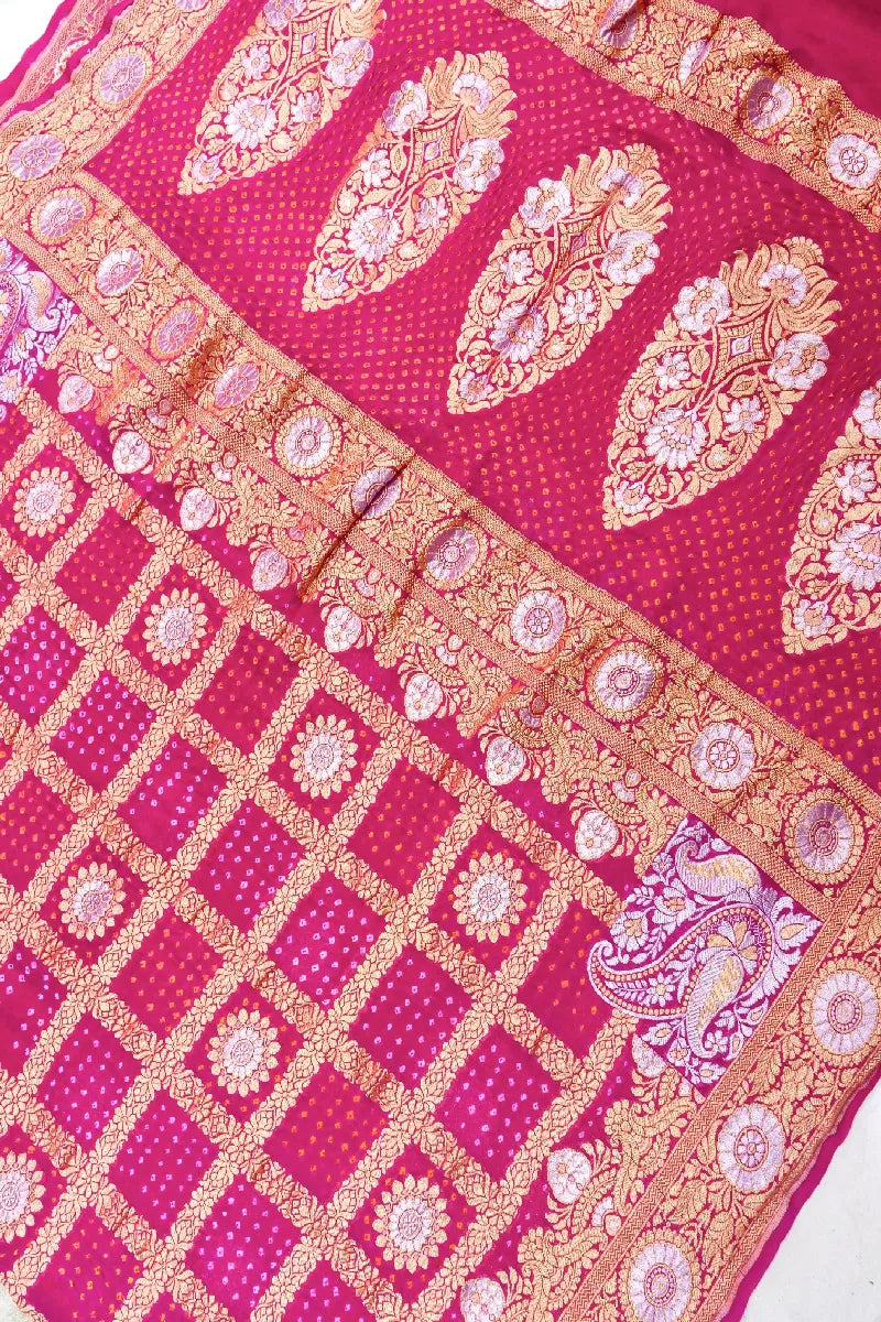 RANI PINK COLOR PURE HANDLOOM KHADDI GEORGETTE BANDHANI SAREE