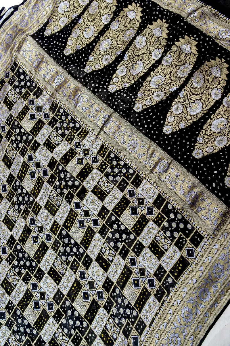 BLACK COLOR PURE HANDLOOM KHADDI GEORGETTE BANDHANI SAREE