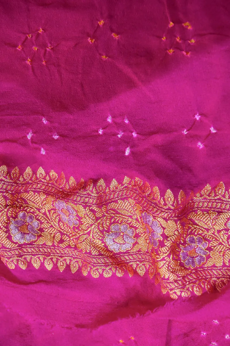 RANI PINK COLOR PURE HANDLOOM KHADDI GEORGETTE BANDHANI SAREE