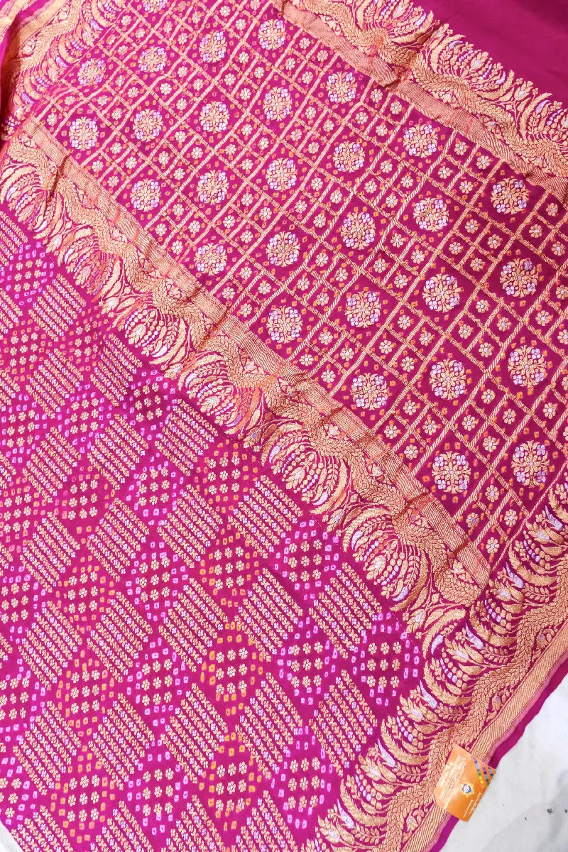 RANI PINK COLOR PURE HANDLOOM KHADDI GEORGETTE BANDHANI SAREE