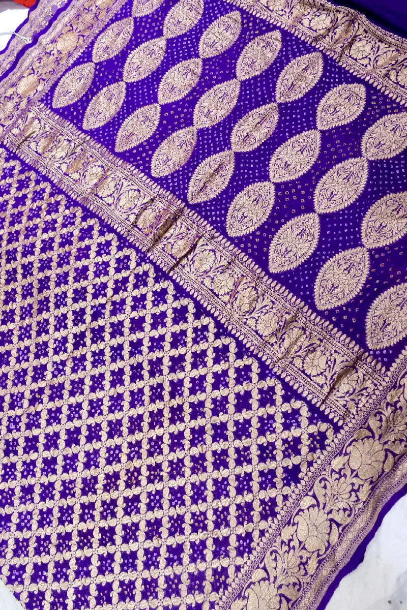 VIOLET COLOR PURE HANDLOOM KHADDI GEORGETTE BANDHANI SAREE
