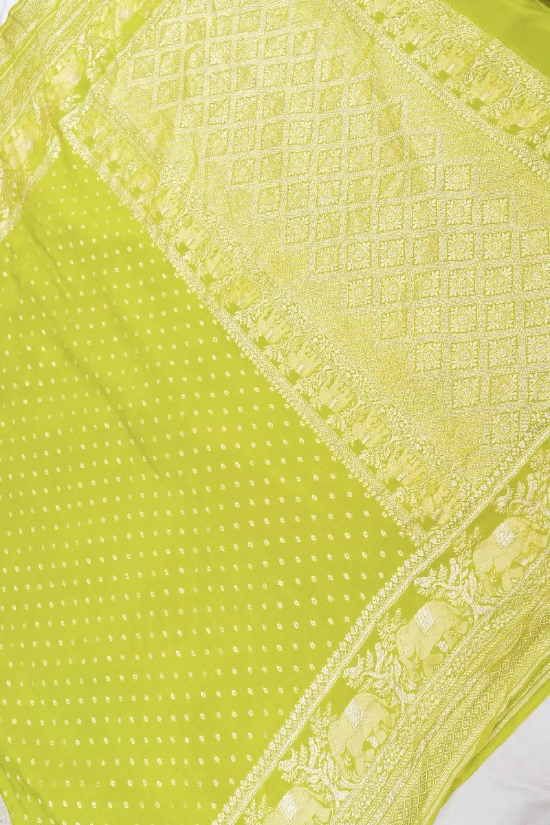 LIME GREEN COLOR PURE HANDLOOM KHADDI GEORGETTE SAREE