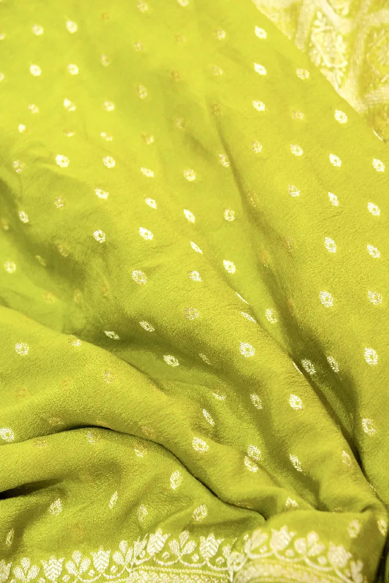 LIME GREEN COLOR PURE HANDLOOM KHADDI GEORGETTE SAREE