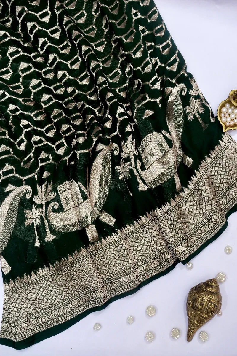 BOTTLE GREEN COLOR PURE HANDLOOM KHADDI GEORGETTE SAREE
