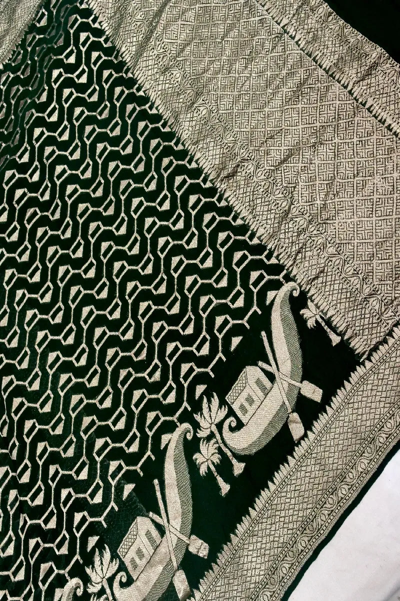 BOTTLE GREEN COLOR PURE HANDLOOM KHADDI GEORGETTE SAREE