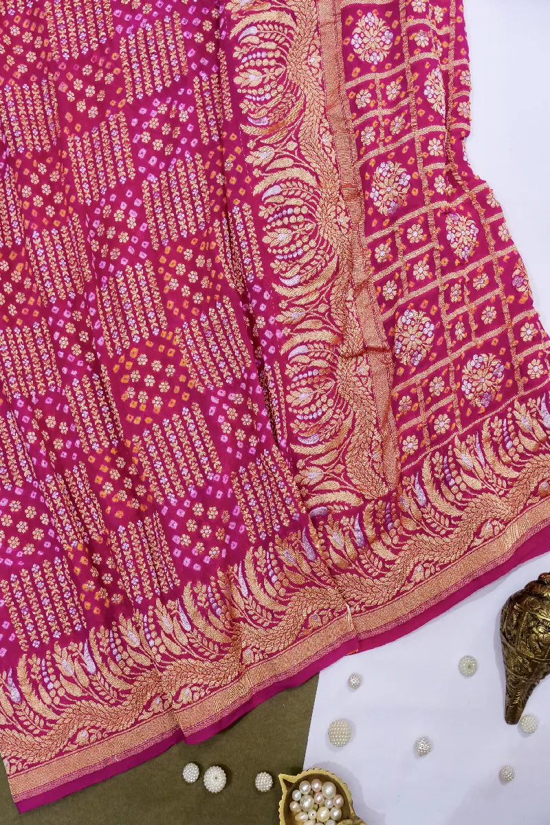RANI PINK COLOR PURE HANDLOOM KHADDI GEORGETTE BANDHANI SAREE