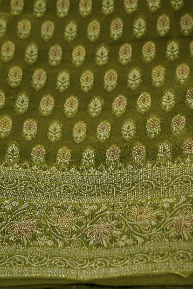 KHADDI SILK MEHENDI GREEN COLOR UNSTITCHED SUIT MATERIAL