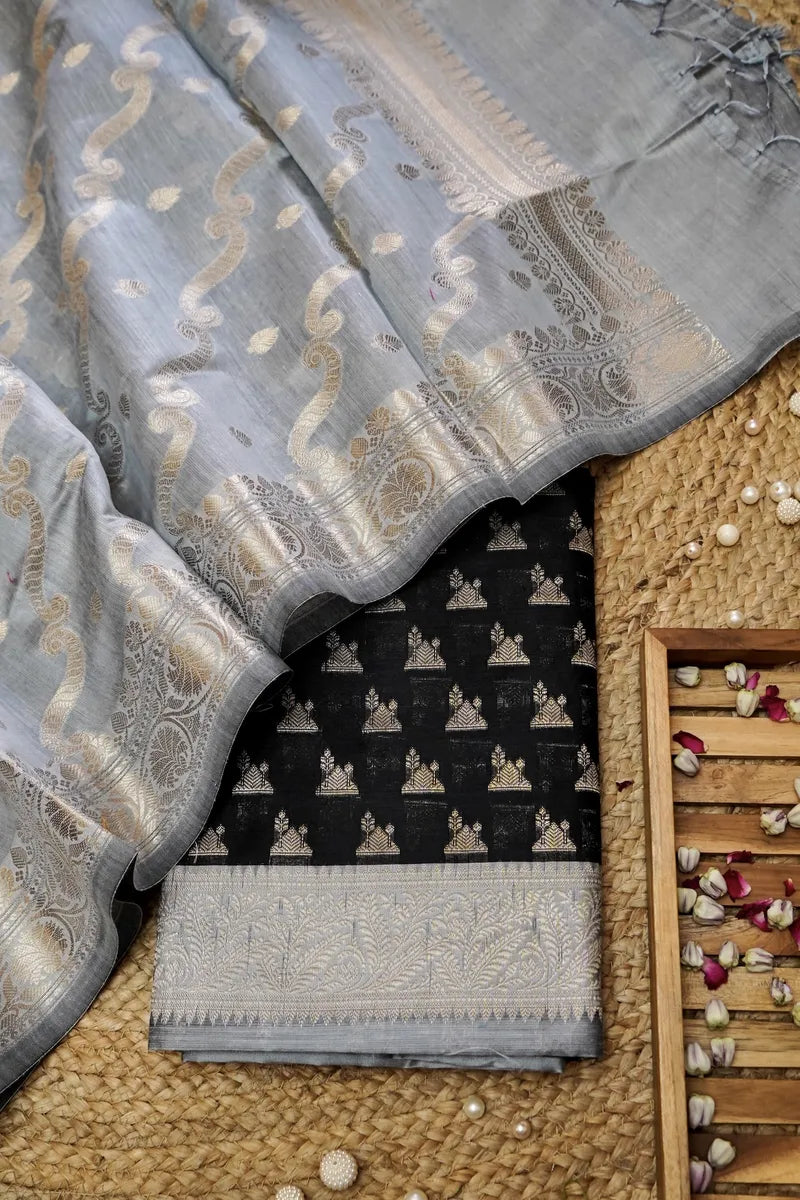 COTTON SILK BLACK WITH GREY COLOR UNSTITCHED SUIT MATERIAL