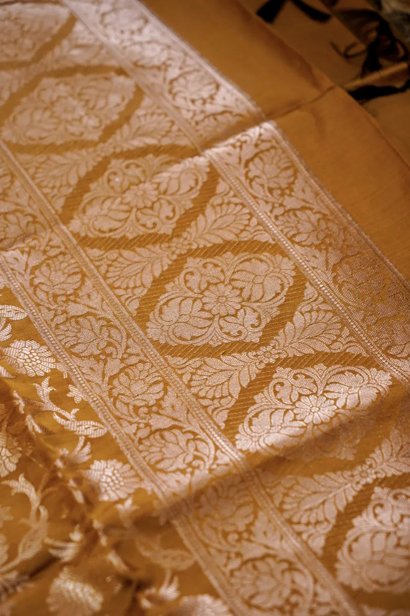 BANARASI SILK ORANGE WITH MUSTARD COLOR UNSTITCHED SUIT MATERIAL