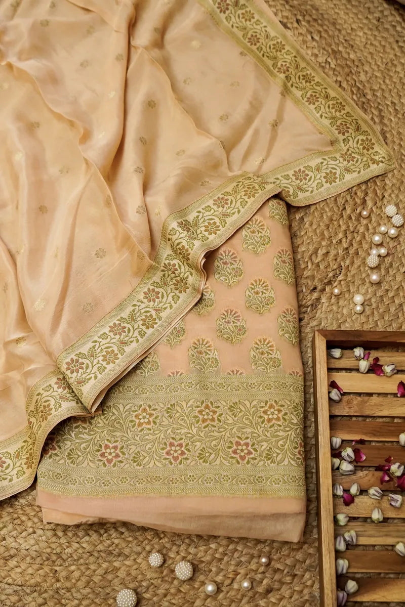 KHADDI SILK PEACH COLOR UNSTITCHED SUIT MATERIAL